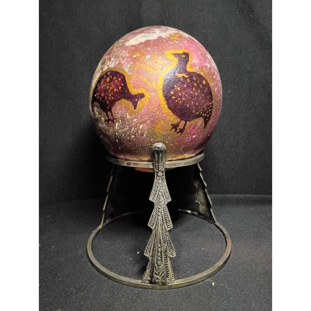 Hand Painted Ostrich Egg Guinea Fowl Birds Ornate Metal Stand African Style Deco
